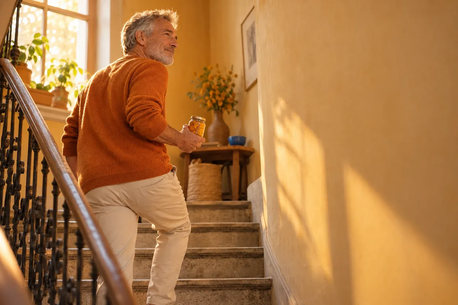 Older man calmly climbing a period-building staircase – knee osteoarthritis turmeric in everyday life