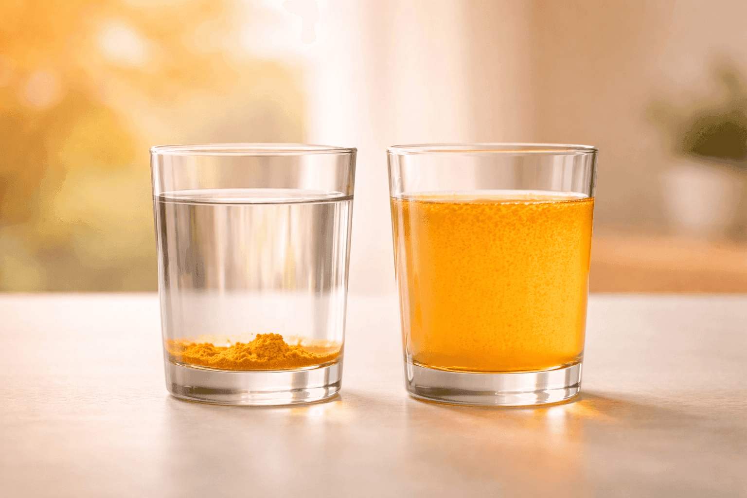 Zwei Gläser Wasser mit Kurkuma-Pulver: links ungelöst am Boden, rechts gleichmäßig verteilt – als Beispiel dafür, warum Curcumin richtig eingenommen werden muss.