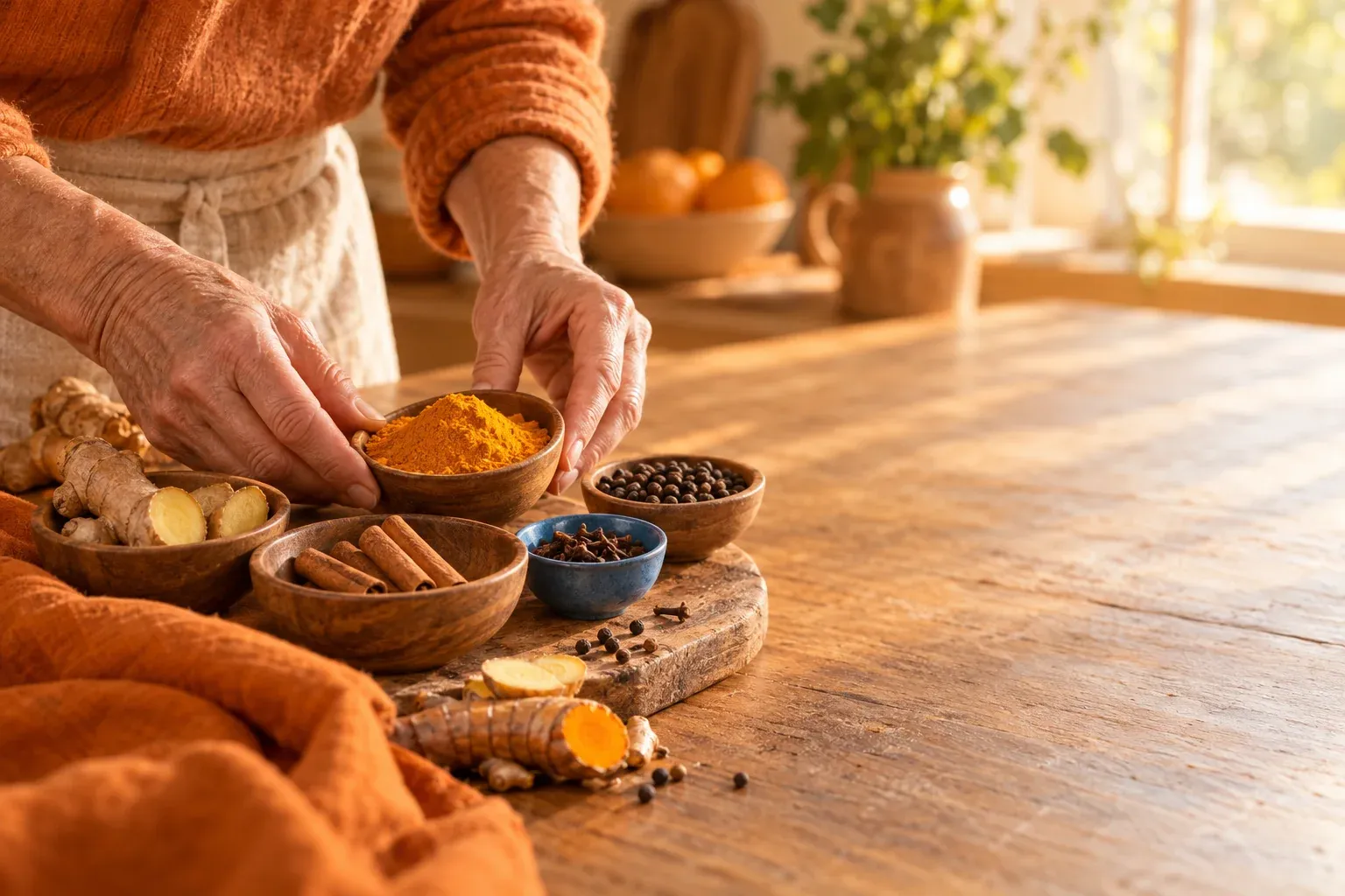 Five spices on a wooden board, yellow turmeric in focus – spices for osteoarthritis in the science check