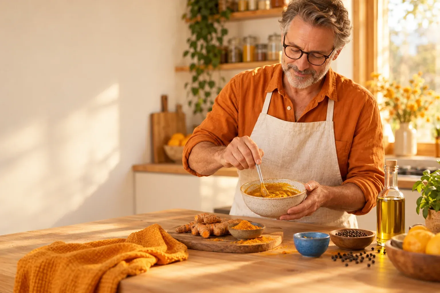 Man mixing turmeric paste with pepper and olive oil – taking turmeric correctly