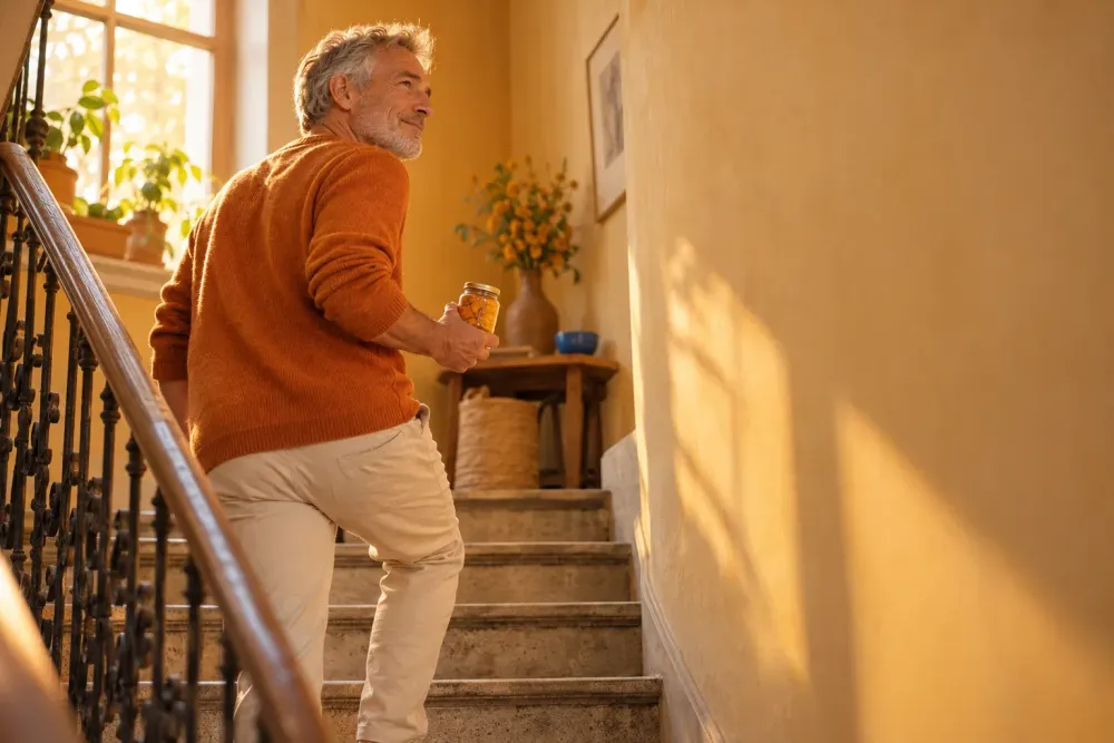 Older man calmly climbing a period-building staircase – knee osteoarthritis turmeric in everyday life