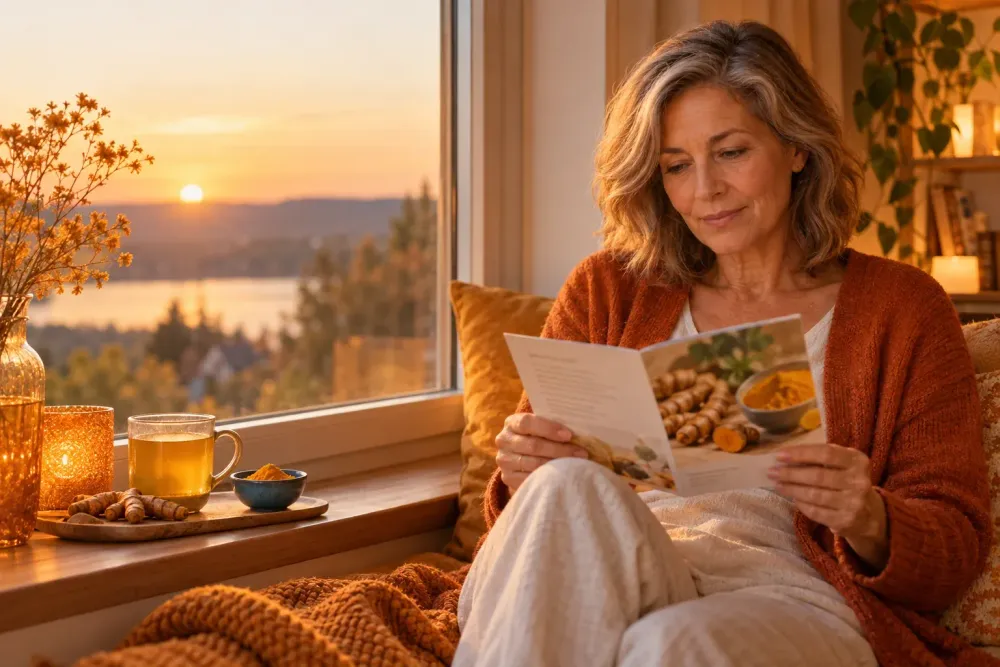 Pensive woman at the window with tea and turmeric – knowing curcumin side effects