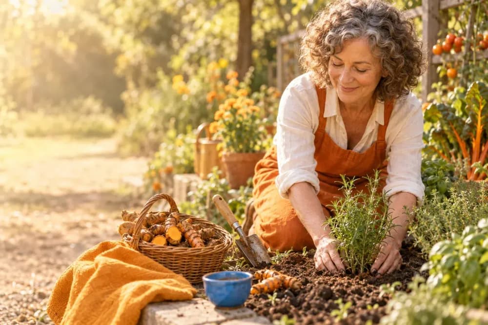 Woman planting herbs in the garden, fresh turmeric beside her – turmeric for osteoarthritis fact check