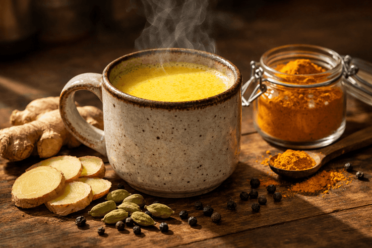 Ayurvedisches Rezept für Masala Haldi Doodh Goldene Milch mit frischem Kurkuma und Gewürzen