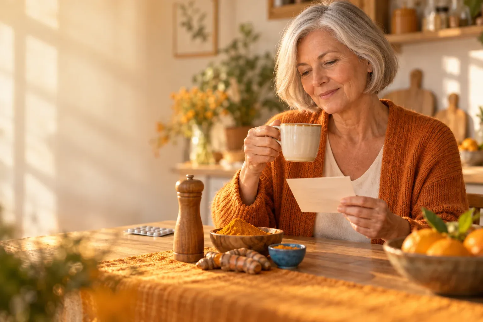 Woman at the kitchen table with a pepper mill and turmeric: piperine and turmeric with medications