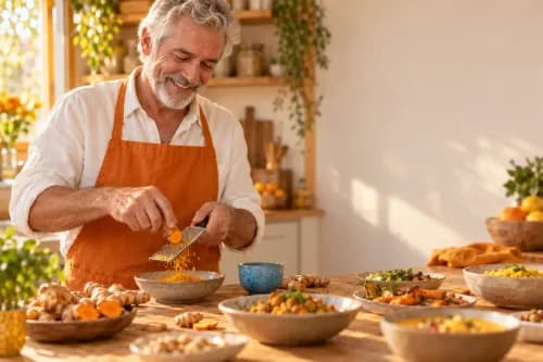 Mann reibt frische Kurkuma-Wurzel in der Küche – wofür ist Kurkuma gut